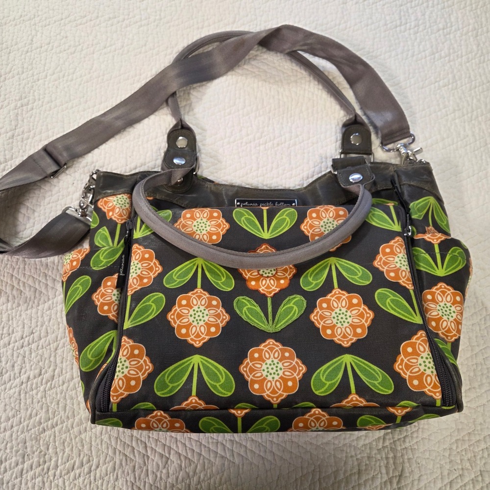 Petunia Pickle Bottom Glazed Floral Sashay Satchel Diaper Bag Gray Orange Green